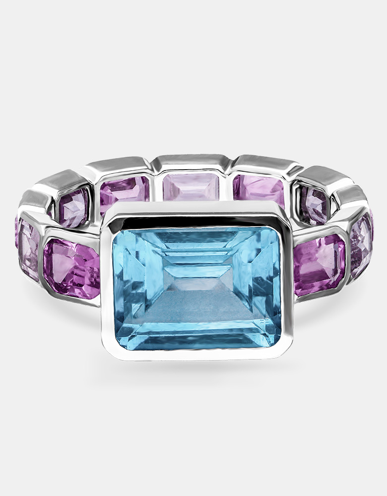 Pierścionek złoty, topaz, różowe szafiry