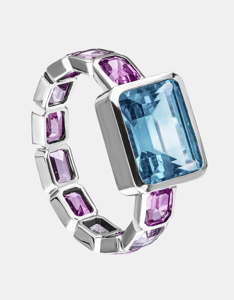 Pierścionek złoty, topaz, różowe szafiry