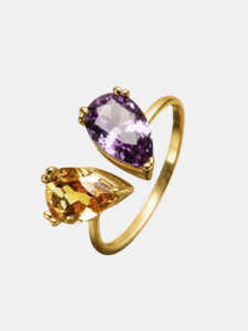 Pierścionek złoty, Cytryn, Ametyst - Toi et Moi