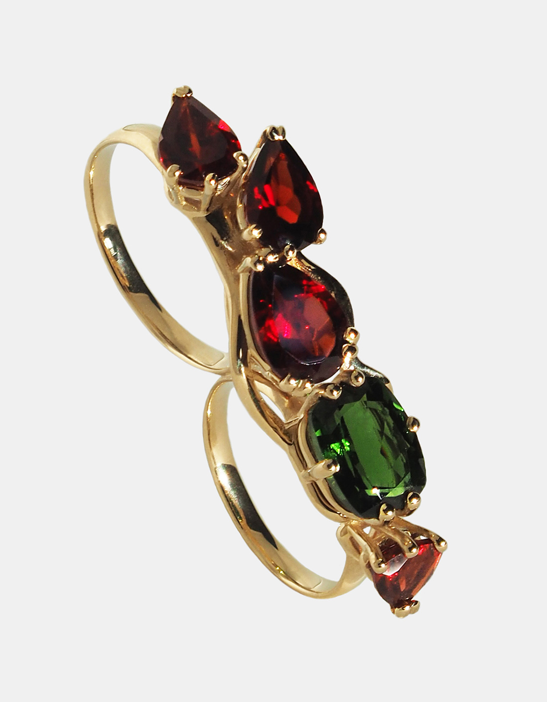 Pierścionek złoty, turmalin, granaty